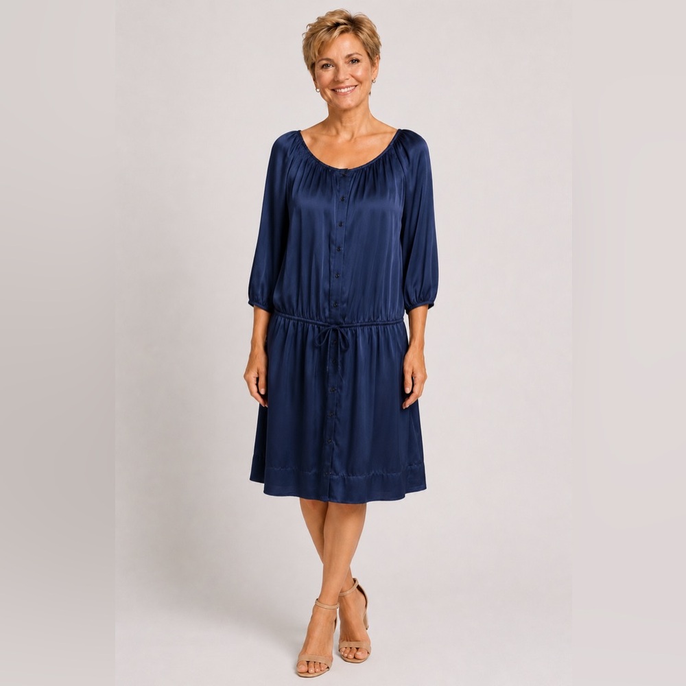 BCBG MaxAzria 100% Silk Navy Drop Waist Blue‎ Midi Relaxed Fit Dress Small